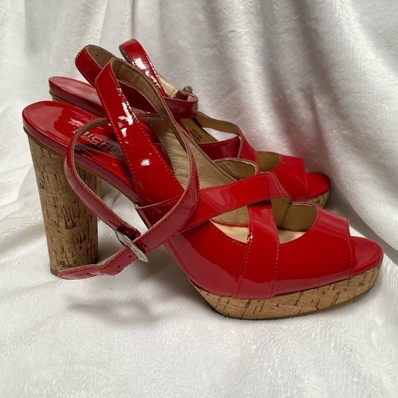 Michael Michael Kors red patent leather strappy chunky cork heel size 8.5 - Picture 10 of 11